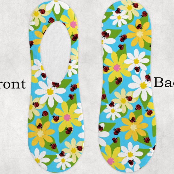 Women's Girls Yellow White Spring flower Lady Bug Design No Show Socks - Picture 1 of 2